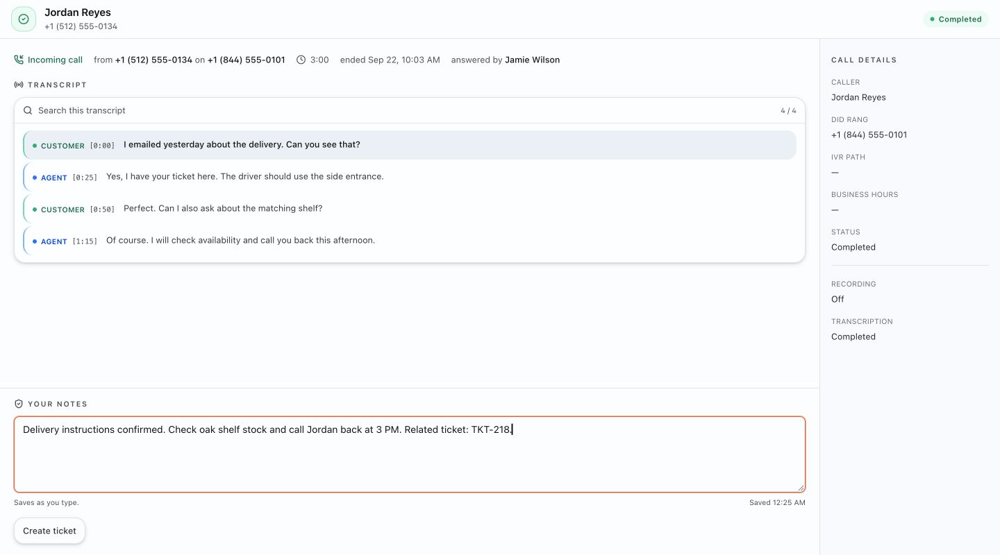 Call workspace showing transcript and agent notes