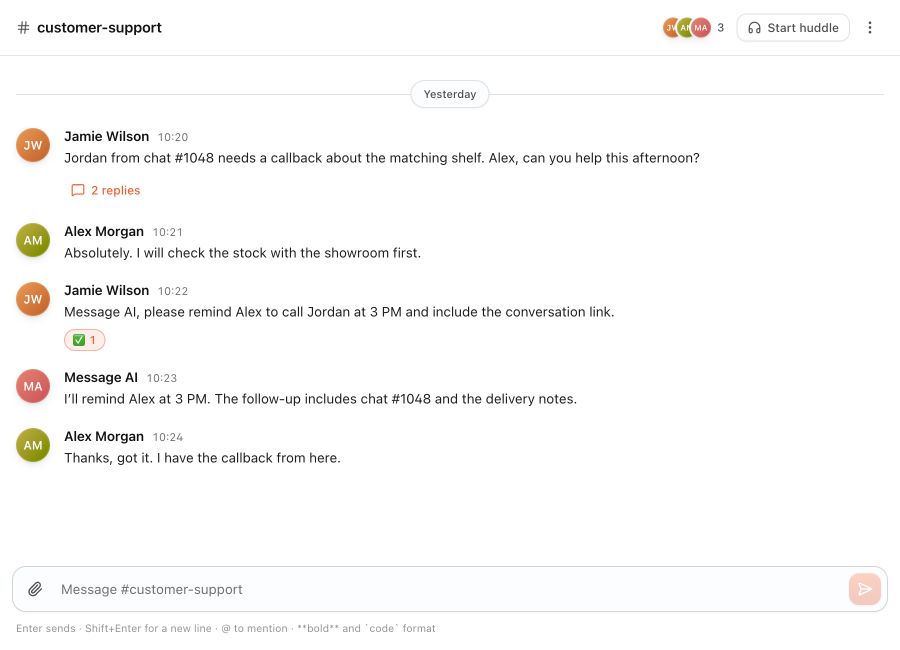 Team channel with internal discussion, AI follow-up and message composer